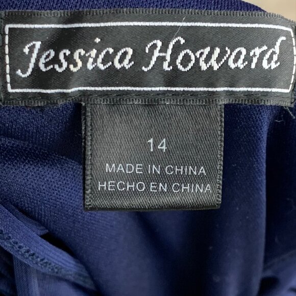 Jessica Howard Beaded Waist Keyhole Neck Cocktail Dress 14 Navy Blue Chiffon - Picture 8 of 10